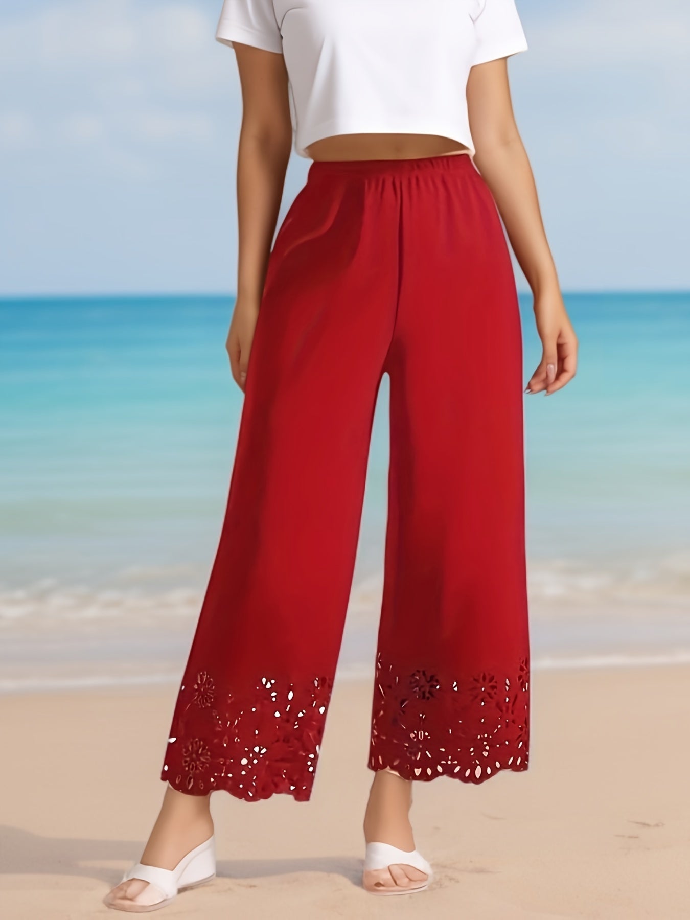 Pantalones de mujer de talla grande con piernas anchas y recortes de encaje, lavables a máquina, para todas las estaciones