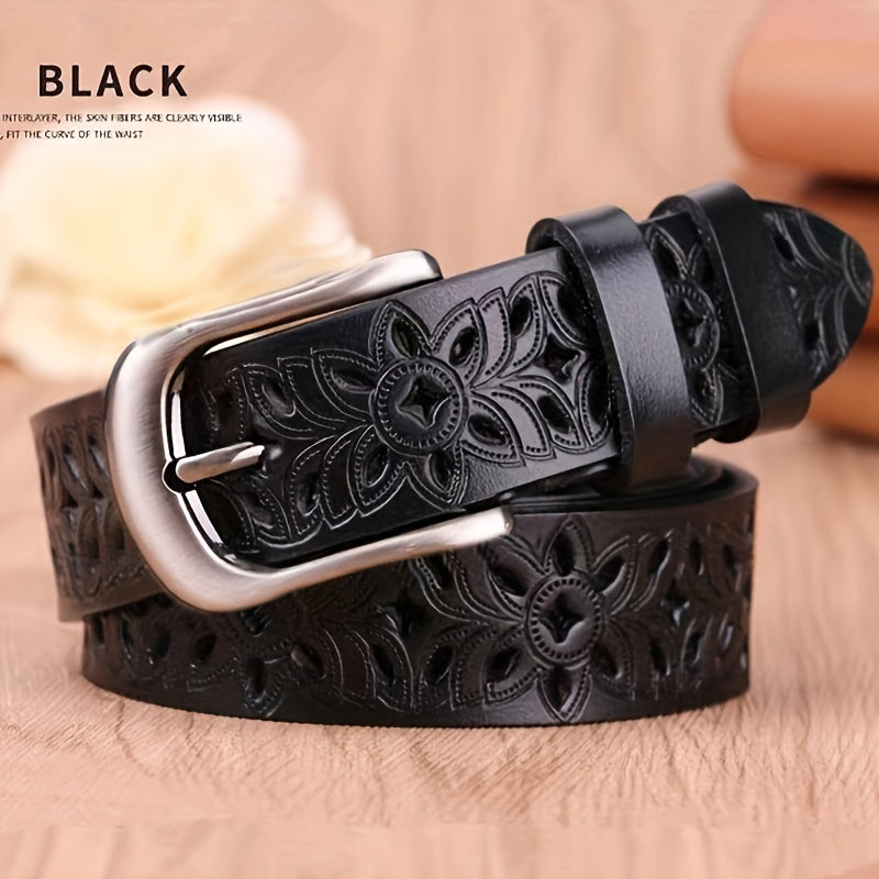 Women's Leather Belt with Hollow Buckle and Needle Detail Stylish Accessory