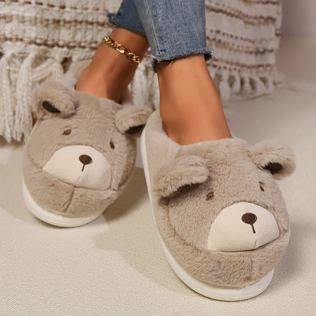Women's Plush Bear Slippers All-Season Non-Slip Cozy Indoor Shoes