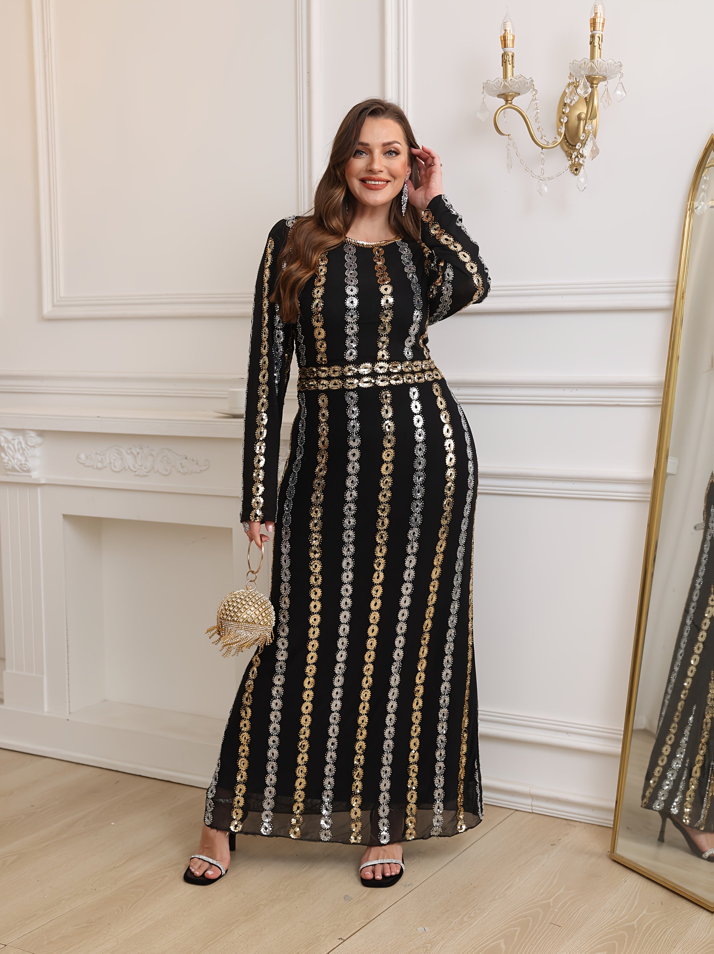 Women's Long Sleeve Sequin Evening Gown for Parties with Round Neckline