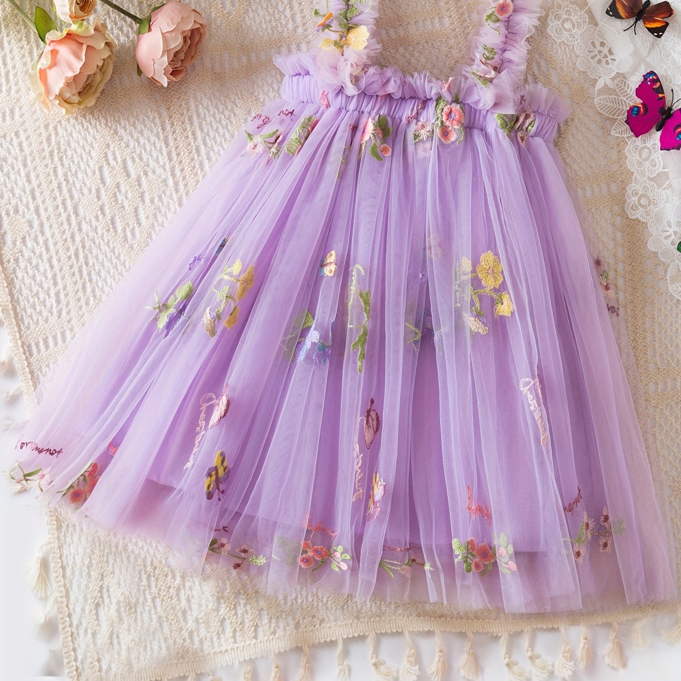 Baby Girl Sleeveless Mesh Dress with Flower Embroidery for Summer Birthdays