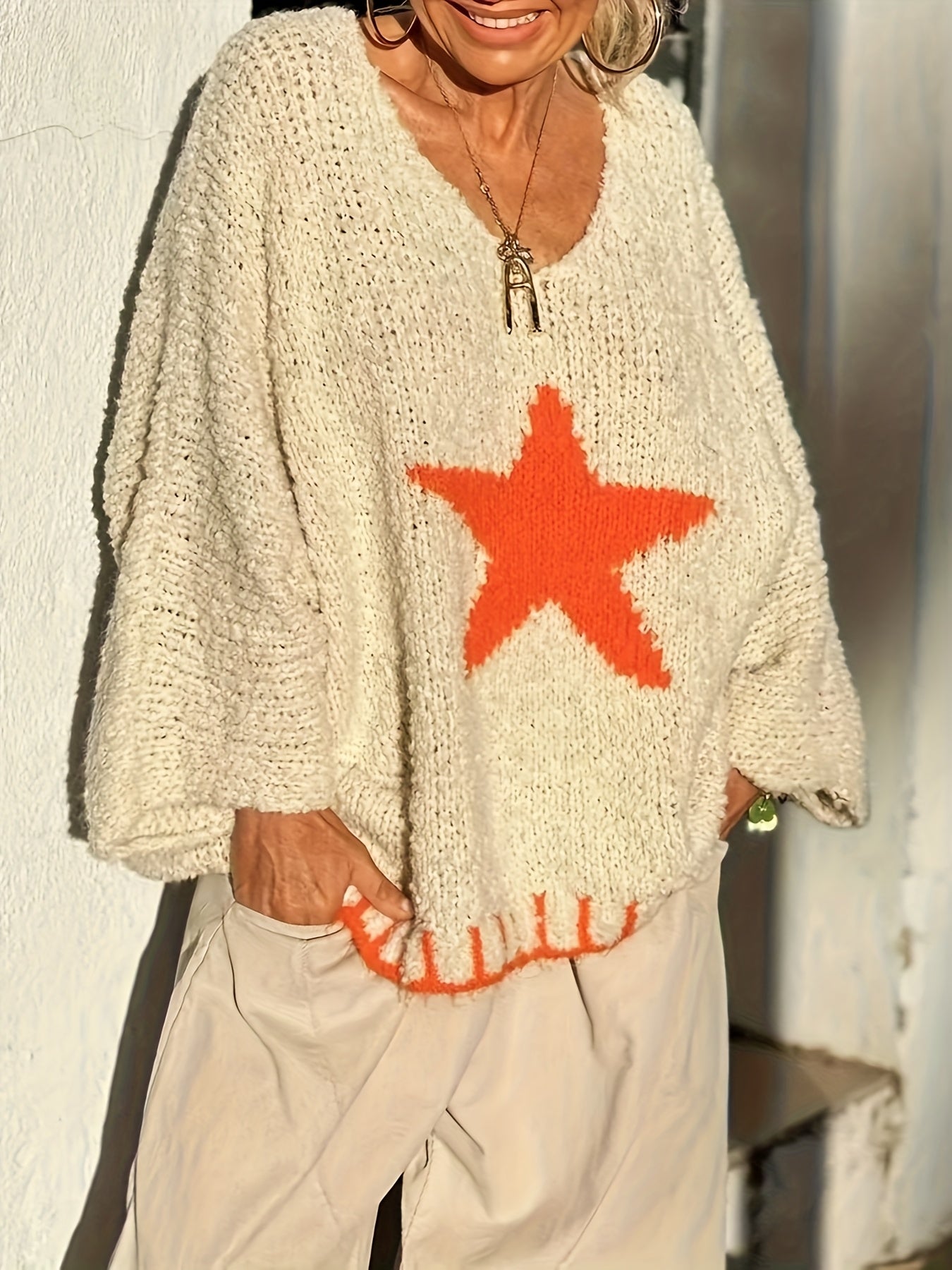 Plus Size Women's V-Neck Sweater in White with Red Star Casual Pullover