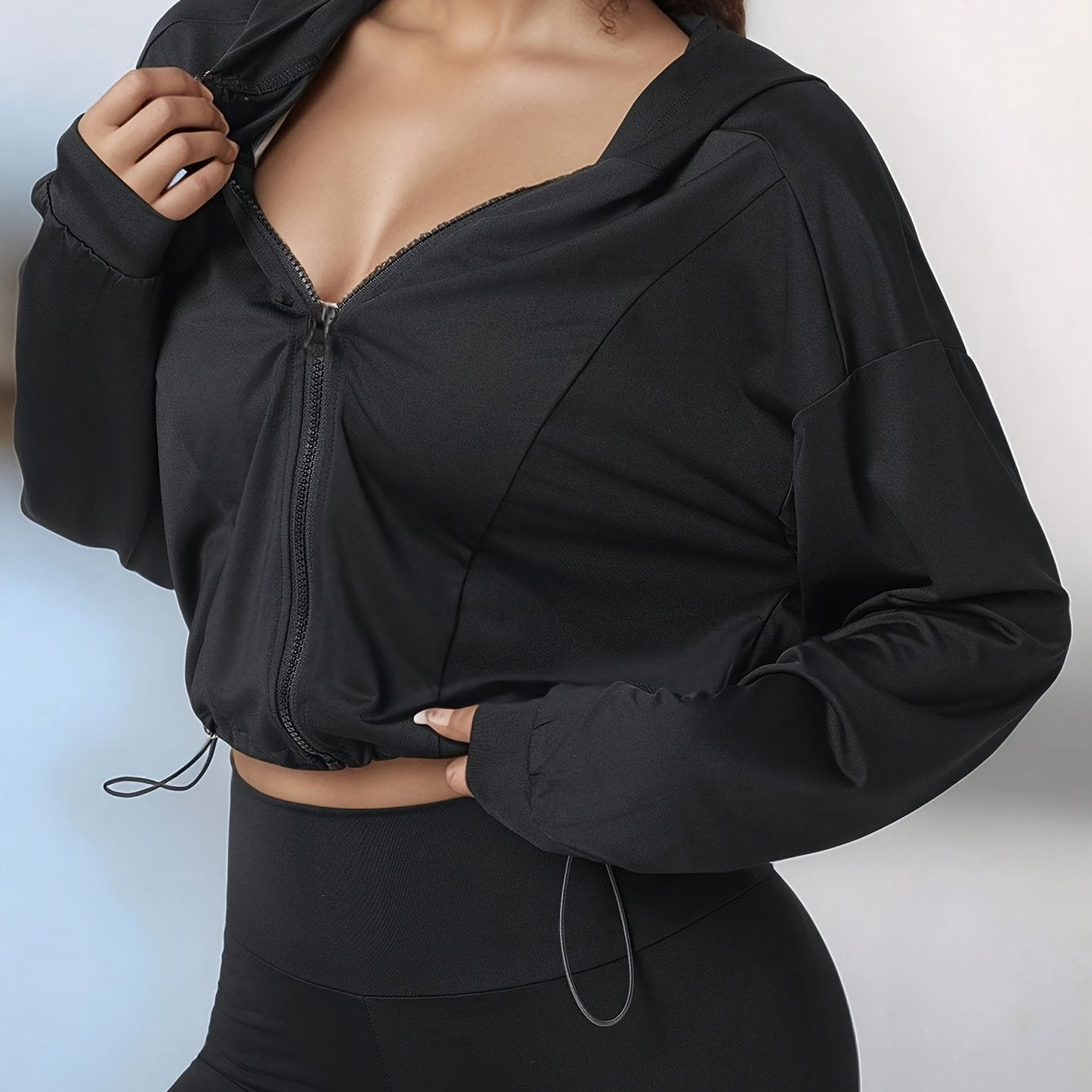 Plus Size Women's Drawstring Hoodie Short Sleeve Zip-Up Jacket Fitness Yoga Lightweight Breathable