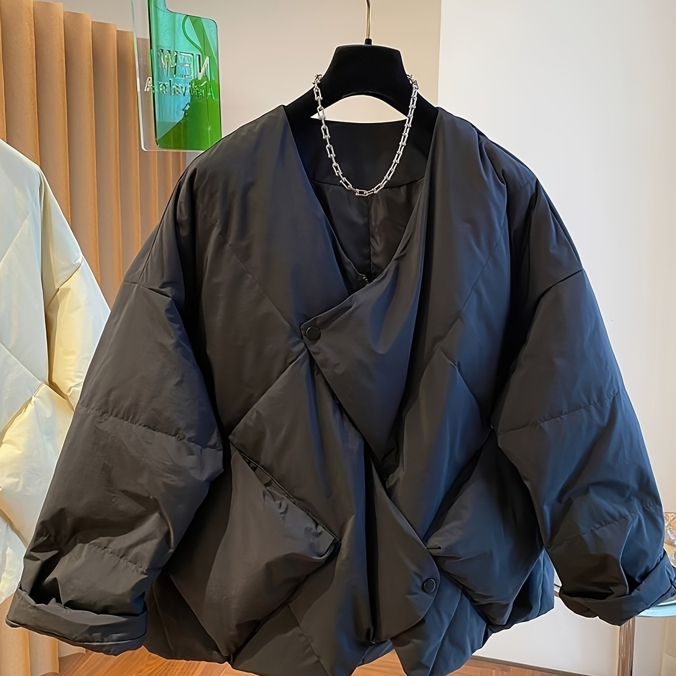 Women's Winter Coat V-Neck A-Line Nylon Thermal Insulated Long Sleeve Solid