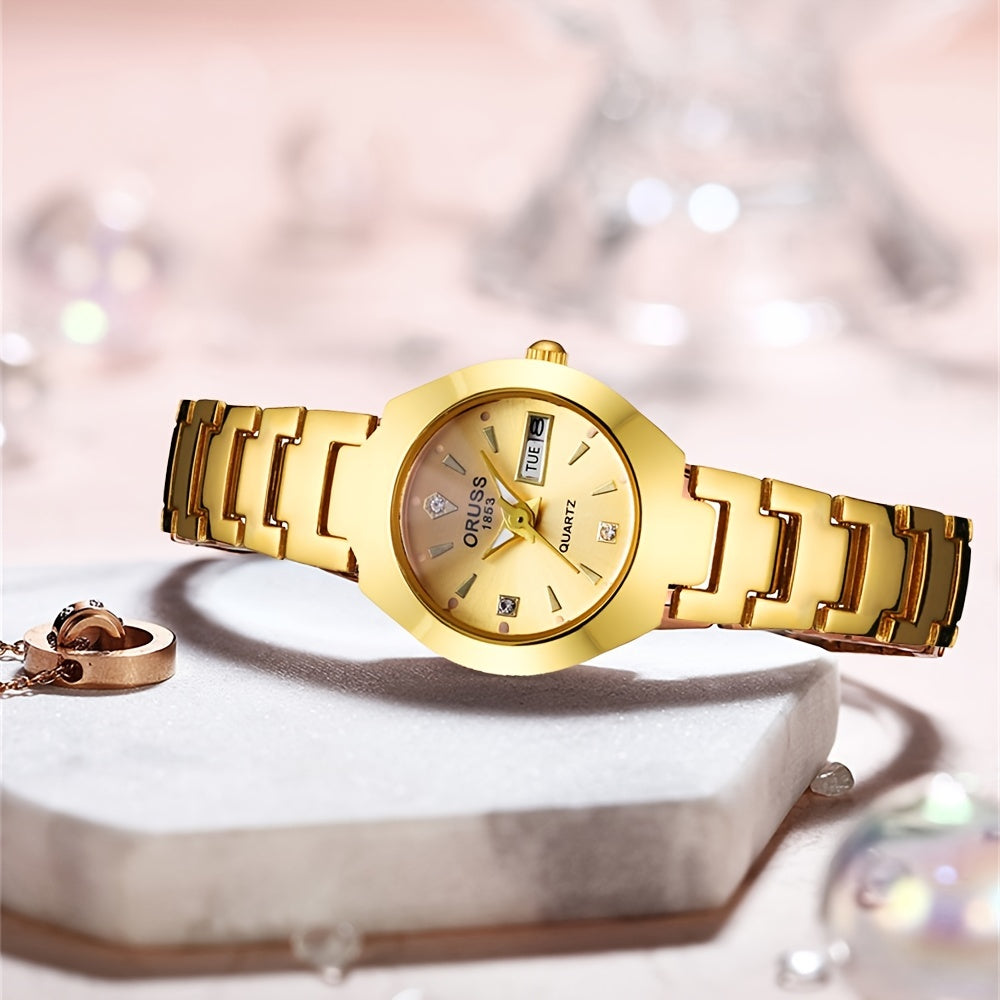Women's Rhinestone Quartz Watch with Calendar Round Analog Display