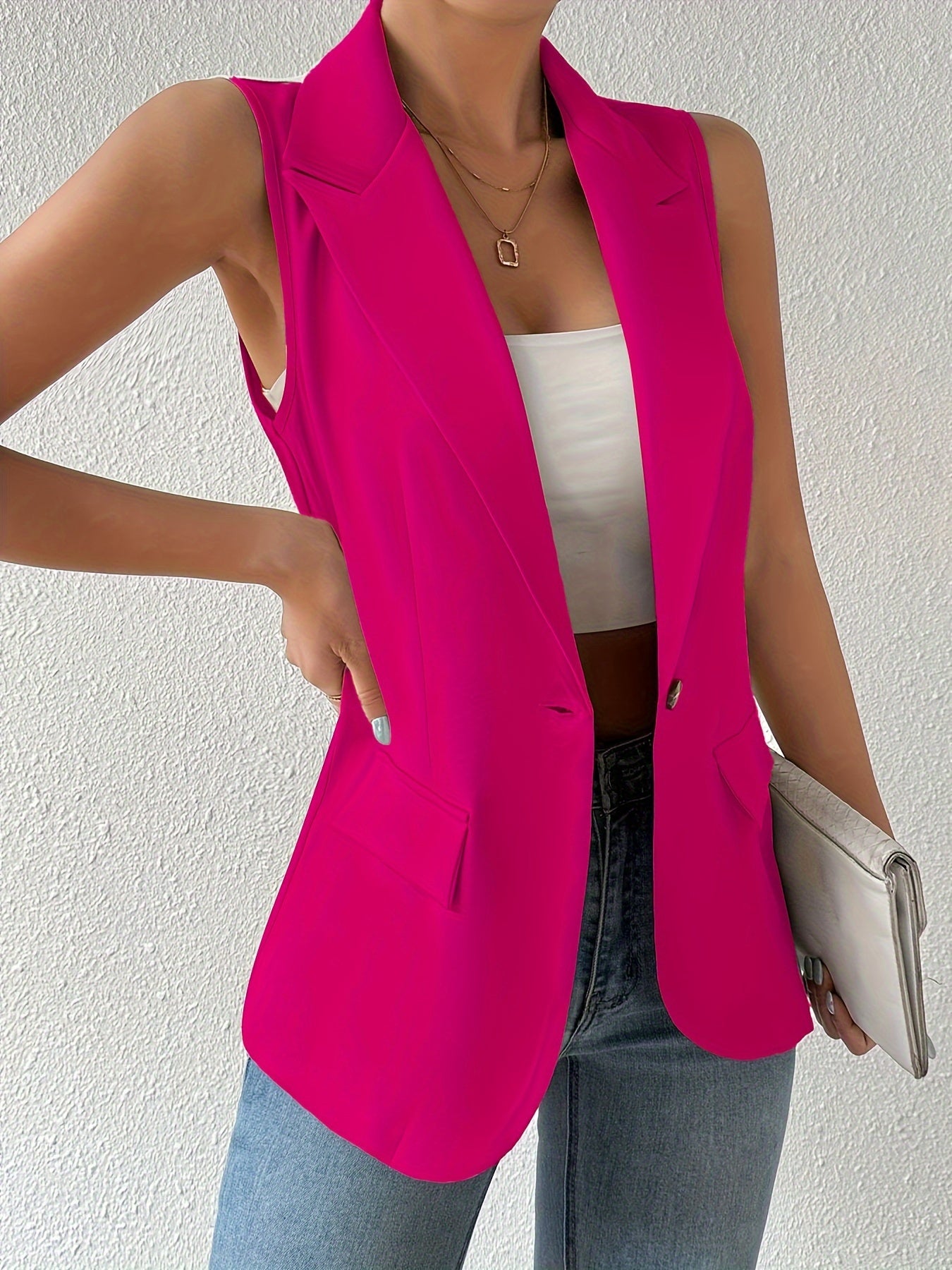 Women's Sleeveless Solid Color Button Front Lapel Vest for Spring and Fall