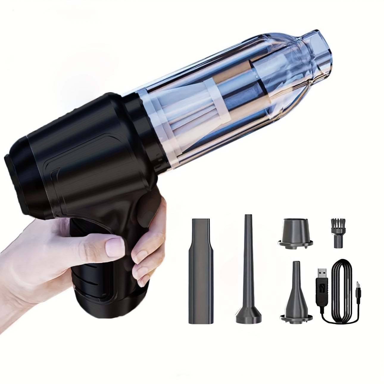 Ручной пылесос с комплектом аксессуаров, тканевым фильтром, зарядкой через USB, беспроводной, ≤36V, из ABS-пластика, функция продувки и всасывания, 0-200Вт, литиевая батарея 1200мАч, перезаряжаемый, тихий 60дБ, 4КПа