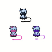 Set of 2 Cartoon Cow Straw Toppers Pink Purple Black with Silicone Dust Covers for Party and Christmas Gifts