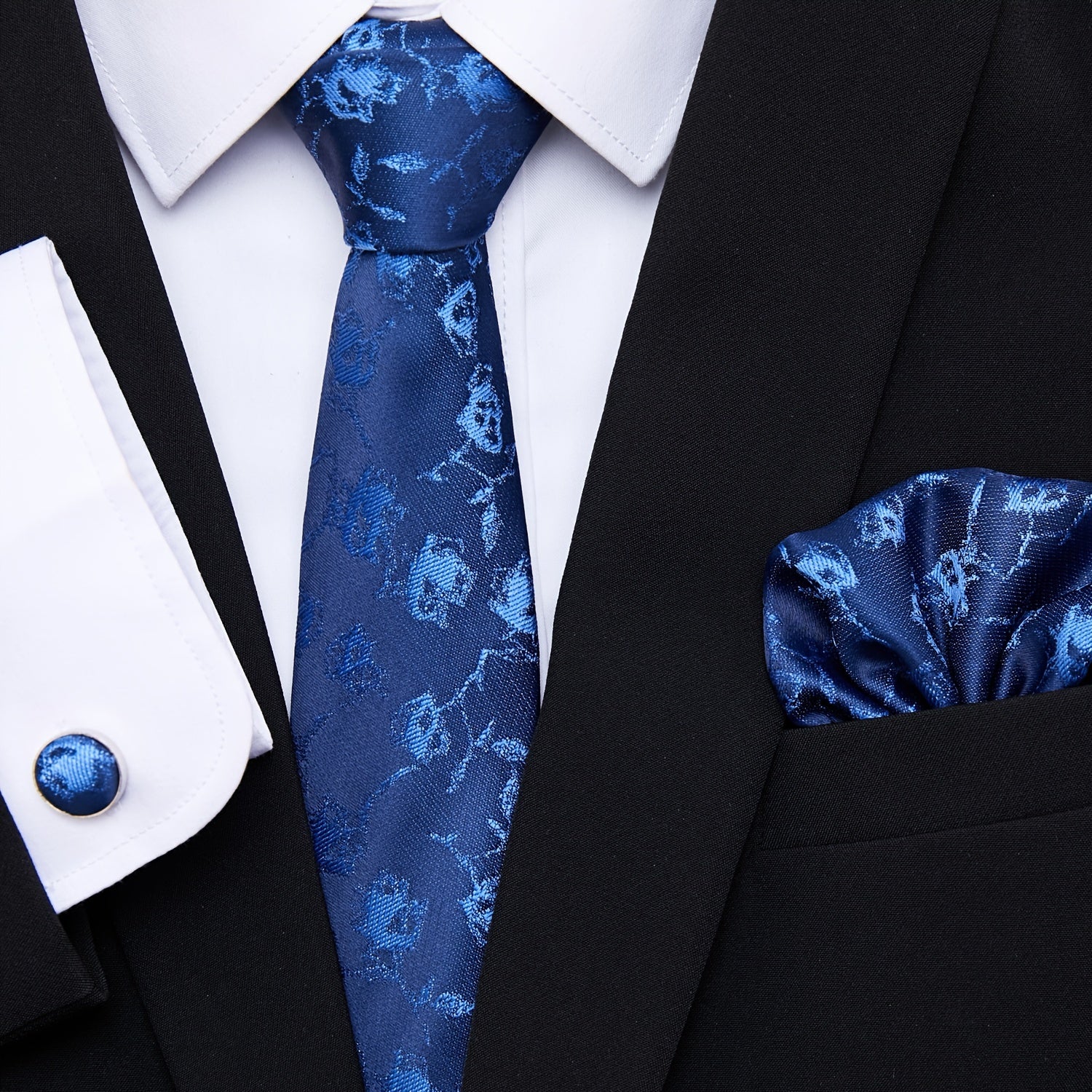 Men's Blue Jacquard Floral Tie Set with Pocket Square and Cufflinks for Weddings and Formal Events