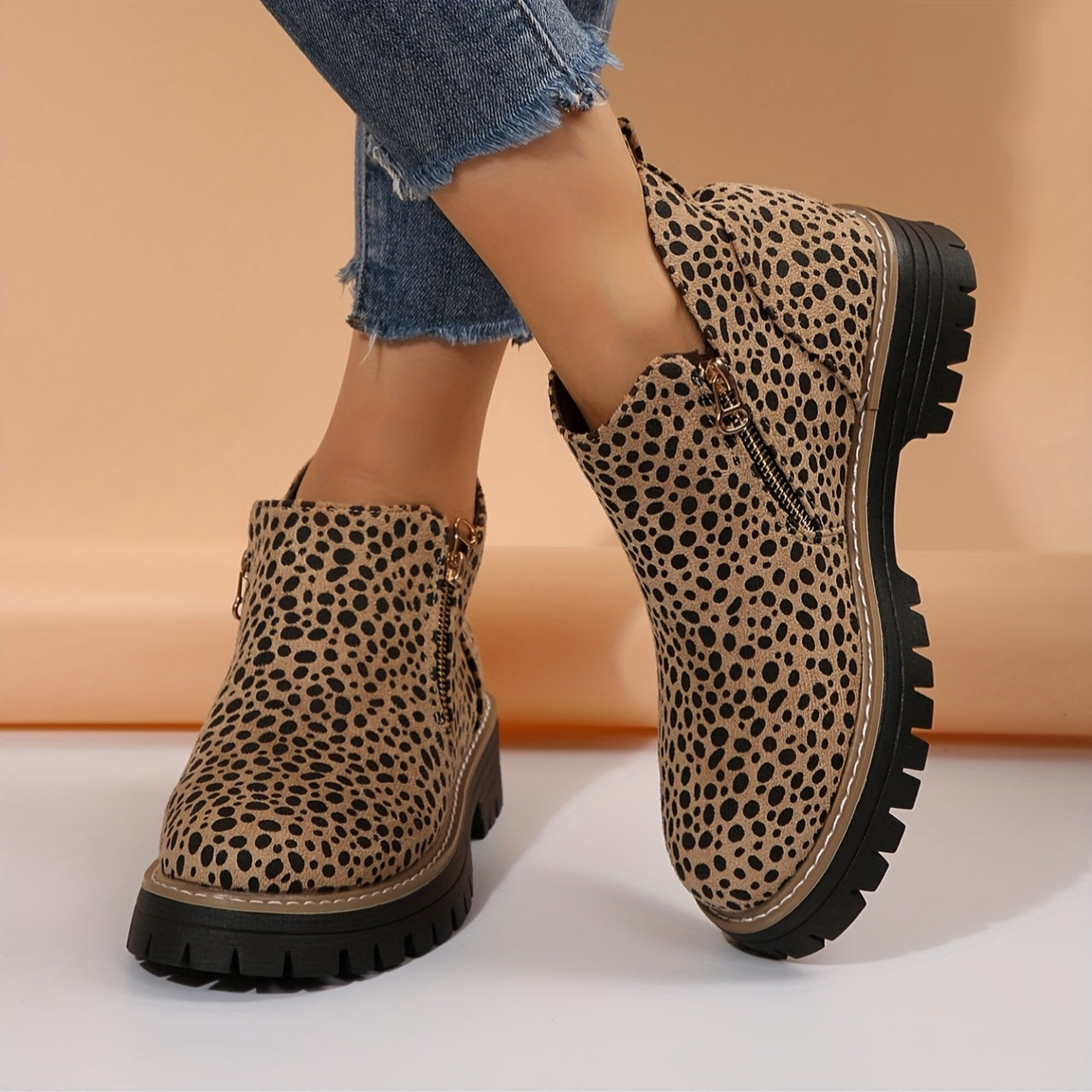 Women Leopard Print Ankle Boots with Zipper Low Block Heel Durable