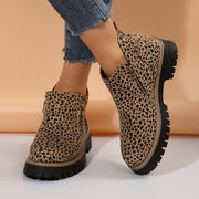 Women Leopard Print Ankle Boots with Zipper Low Block Heel Durable