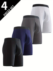 Men's Long Boxer Briefs with Fly Breathable Stretchy Polyester for Running Hiking Cycling Pack of 4