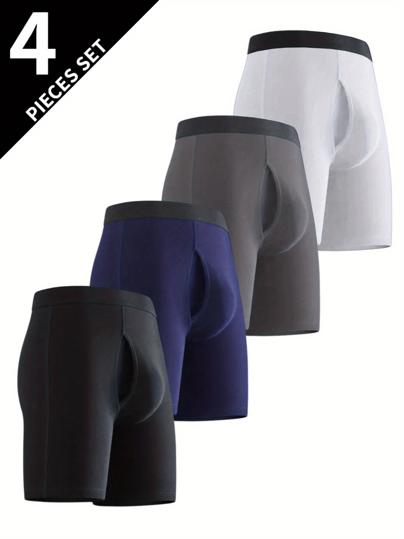 Men's Long Boxer Briefs with Fly Breathable Stretchy Polyester for Running Hiking Cycling Pack of 4