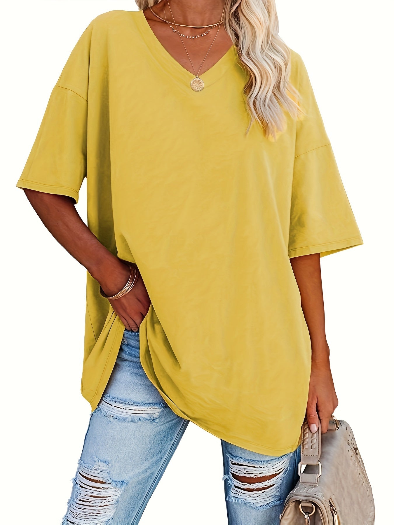 Women's V-Neck Loose Fit Blouse Solid Color Spring Summer Casual Formal