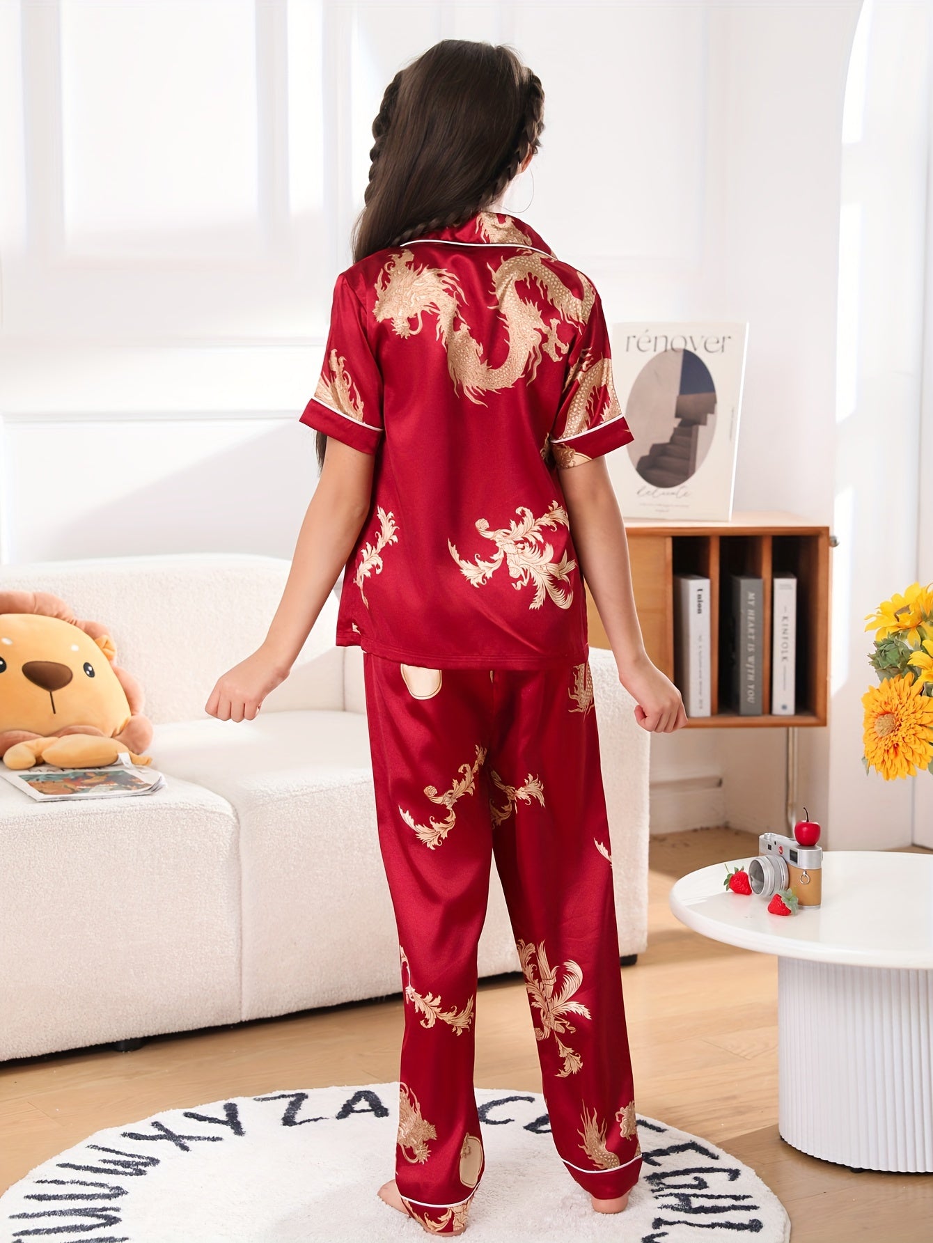 Qizlar uchun ajdaho naqshli pijama to'plami, cho'zilmaydigan polyester, to'qilgan mato, bahor/yoz, 90gsm, tasodifiy yengli ko'ylak.