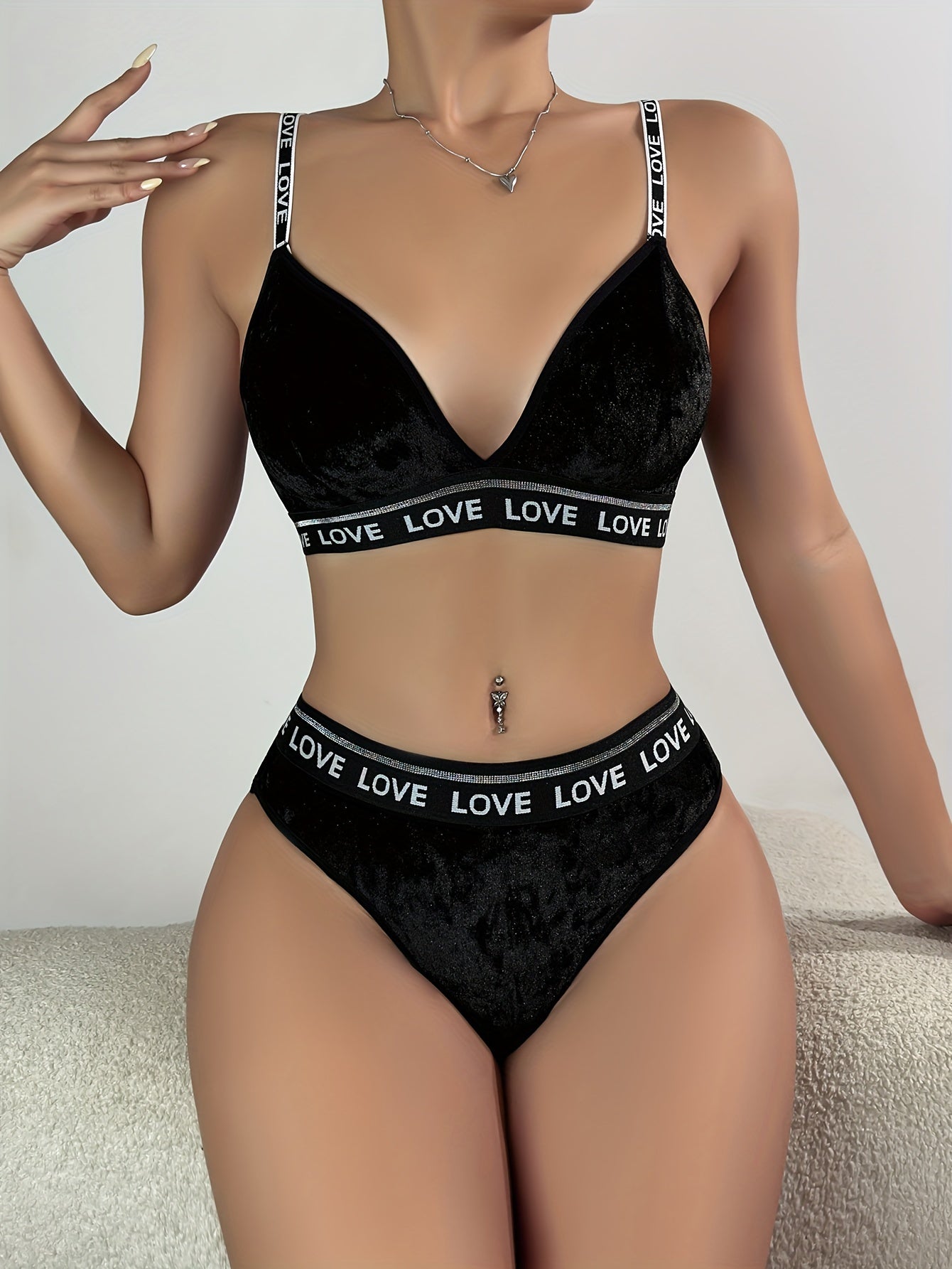 Women's Lingerie Set with Letter Strap Detail Polyester Blend Solid Color No Padding Bra Mid-Rise Briefs Comfortable Knit Fabric