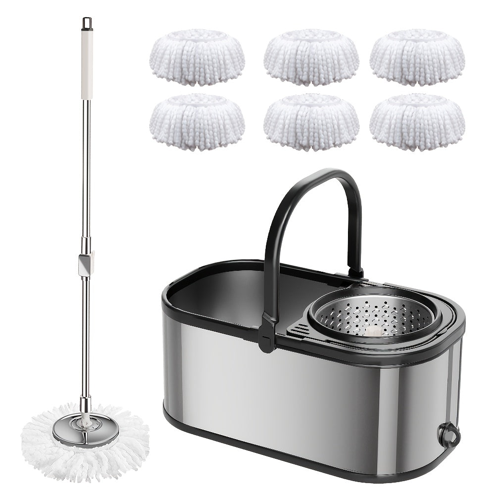 Aylanadigan Mop Chekasi - Uy oshxona pollarini tozalash uchun ideal - Qattiq va plitka yuzalarida quruq yoki nam holda ishlatilishi mumkin - 2 ta qayta ishlatiladigan super nozik tolali mop boshliqlari bilan birga keladi