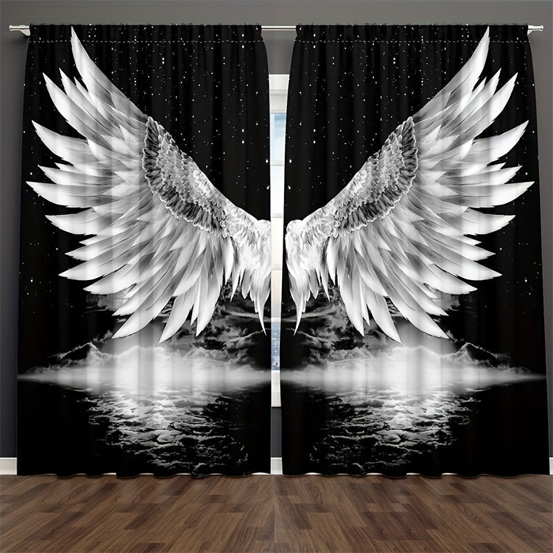 Black Art Window Curtains Angel Wings Stars Celestial Decor for Bedroom Living Room Office
