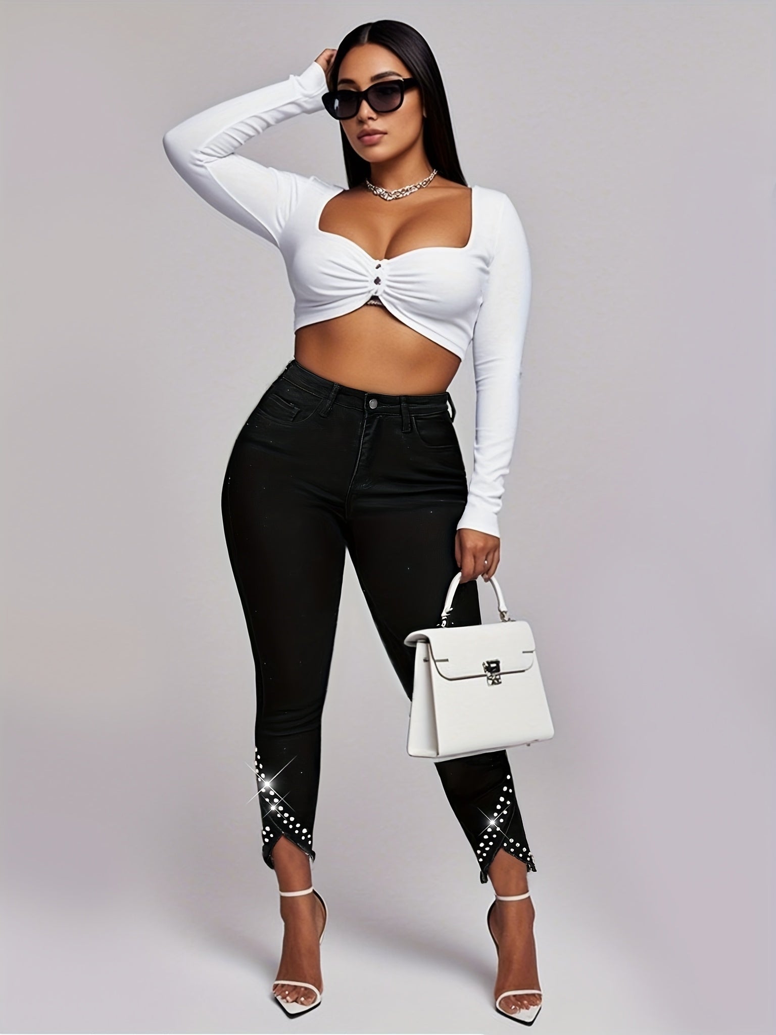 Pantalones de mujer de talla grande con dobladillo de diamantes y nueve décimas, casuales y ajustados