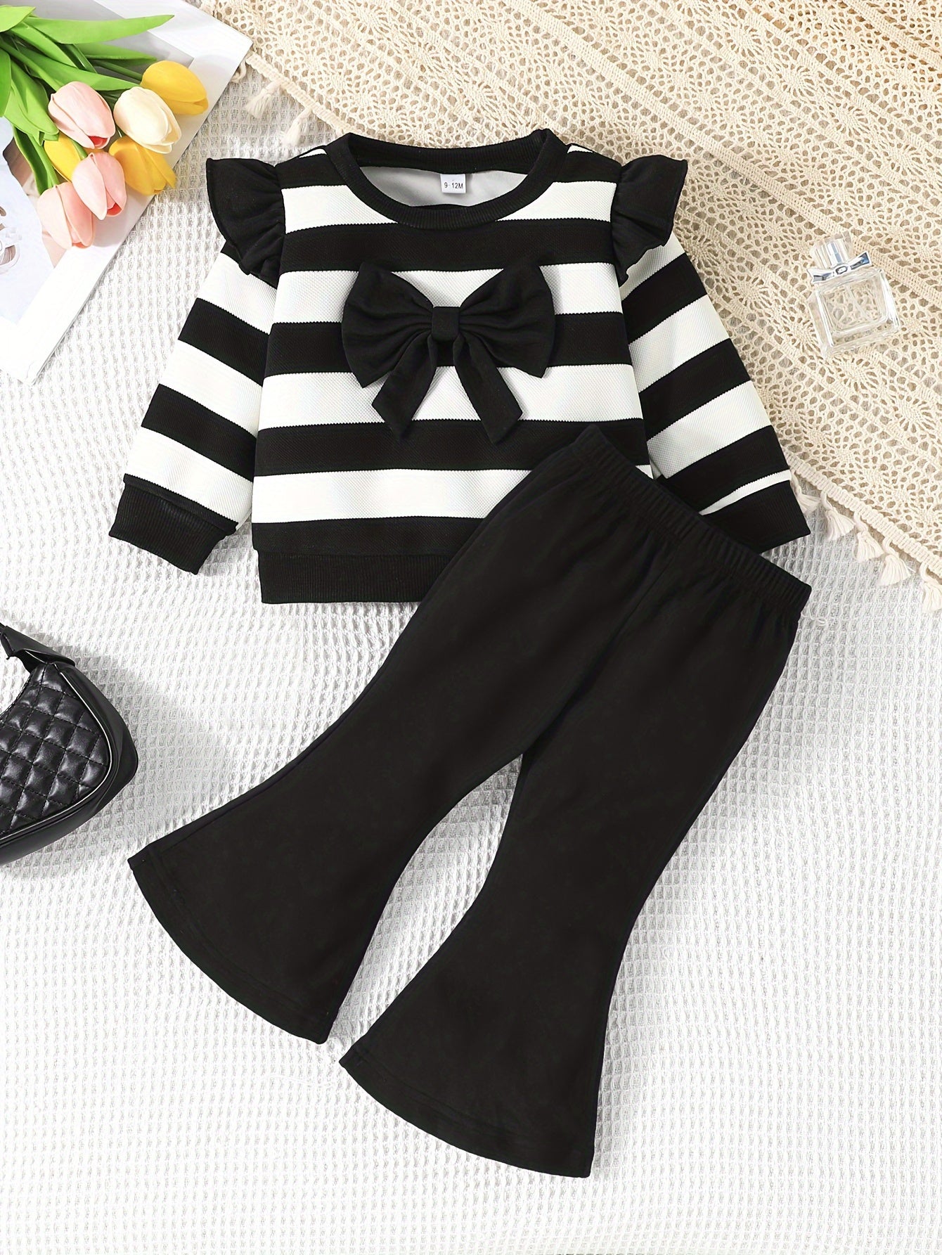 Girls Casual Outfit with Striped Top and Bell Pants for Spring and Fall