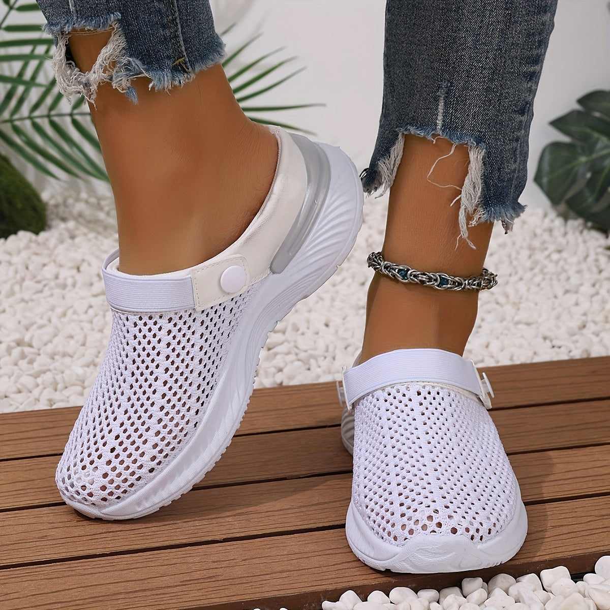 Women's White Breathable Mesh Slip-On Sneakers for Summer Beach Travel