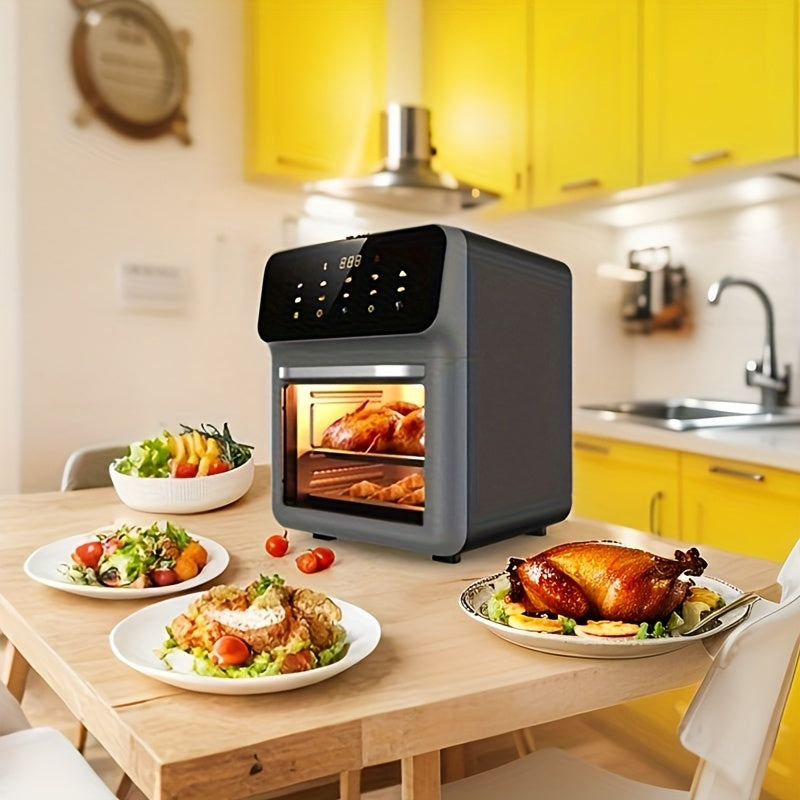 Katta hajmli ko'p funktsiyali uy oshxona airfryeri, kam yog' va yog'li, issiq havo aylanishi, aqlli tegish nazorati, o'chirish xavfsizlik funksiyasi, katta ko'rish oynasi, ikki qatlamli issiqlikka chidamli.