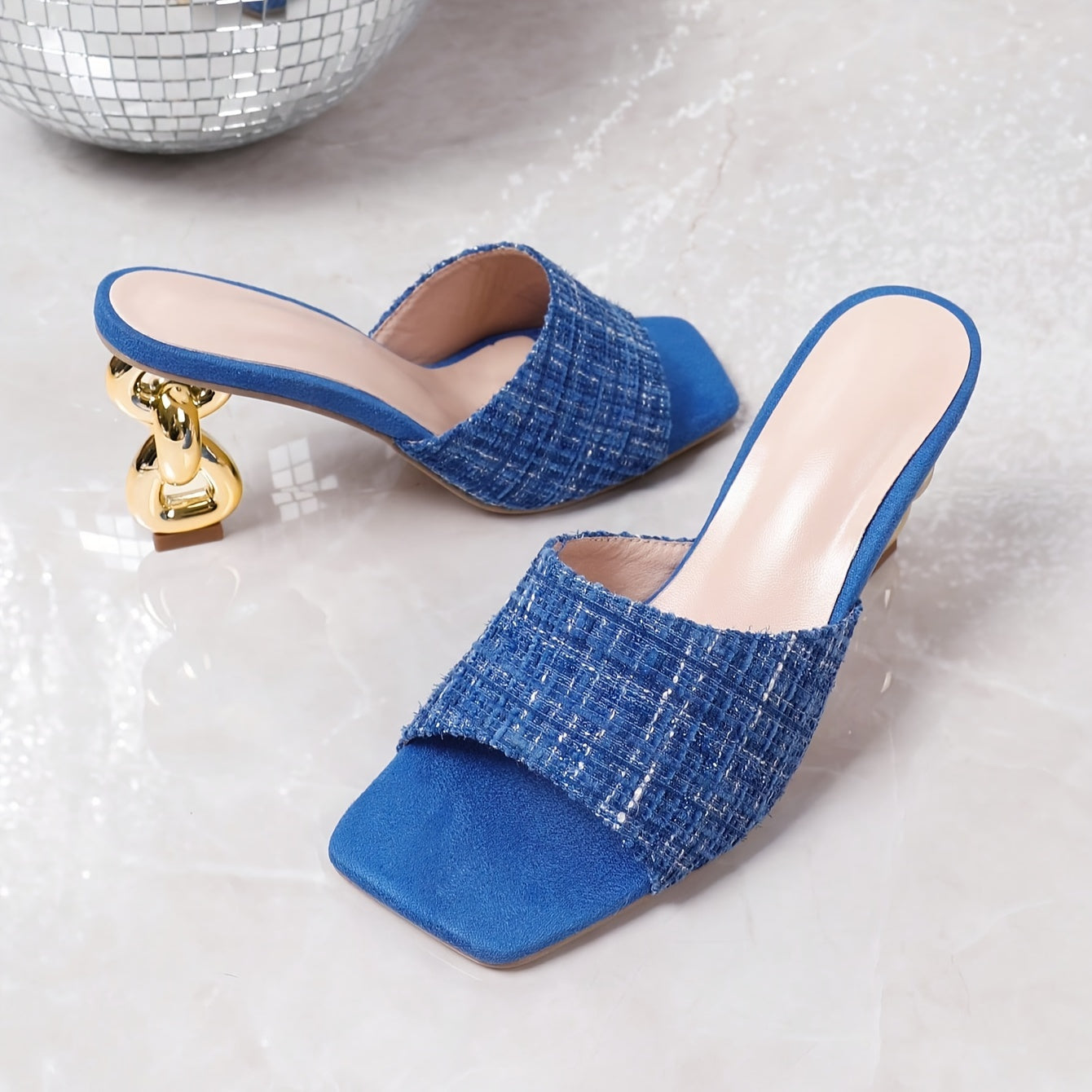 Women's Summer High Heeled Mules with 8-Shaped Block Heels Square Toe Slip-On Party Shoes