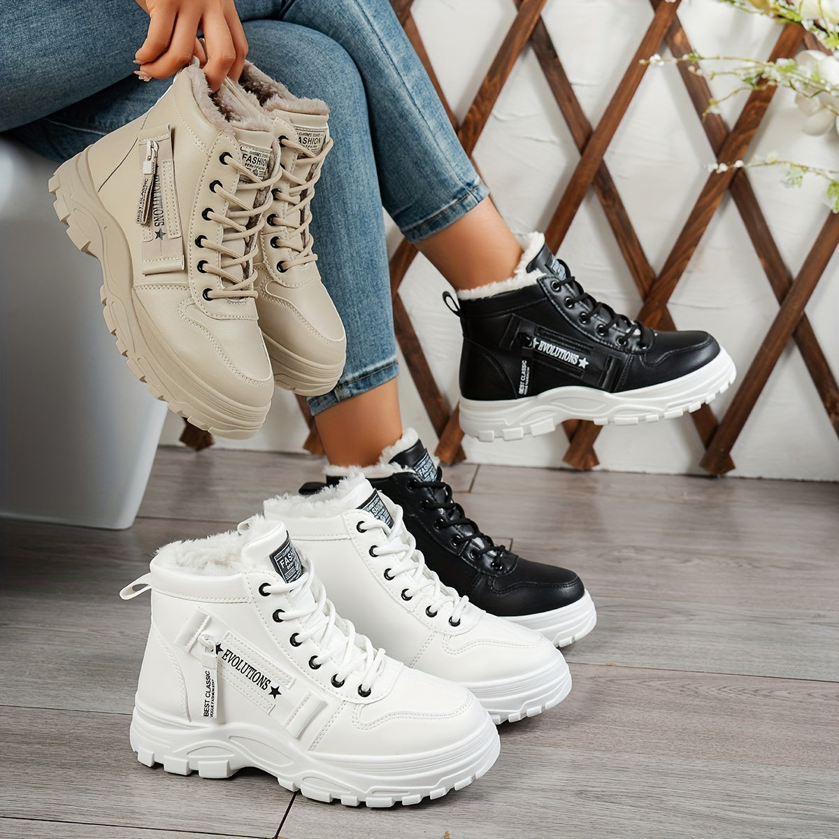 Women's Winter High-Top Boots Fleece Lined Rubber Sole Lace-Up Mid-Heel