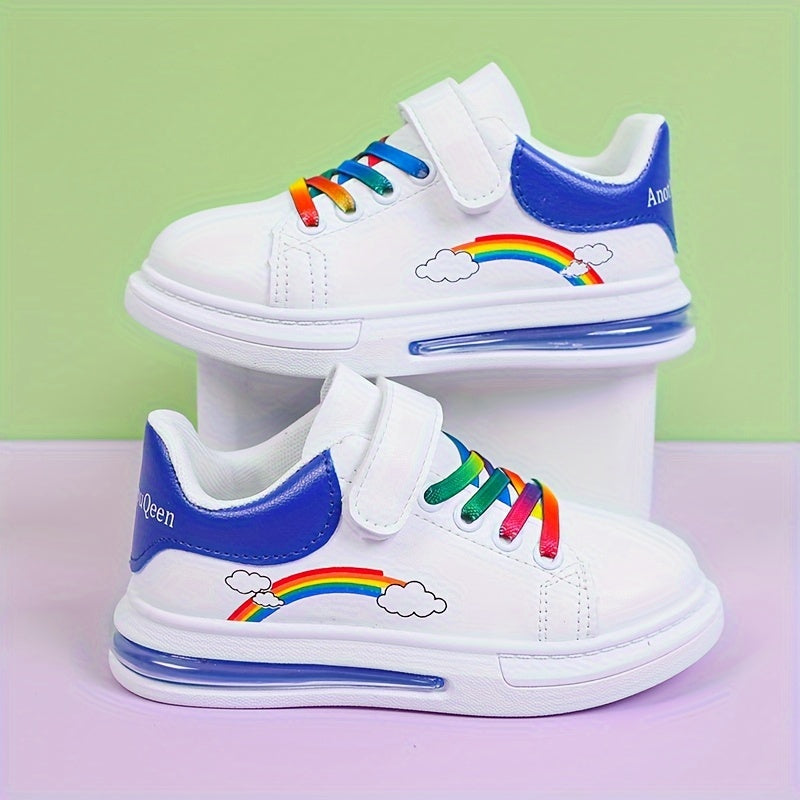 Girls Rainbow Sneakers White Low-Top Shoes with Cloud Pattern Breathable Comfortable Casual