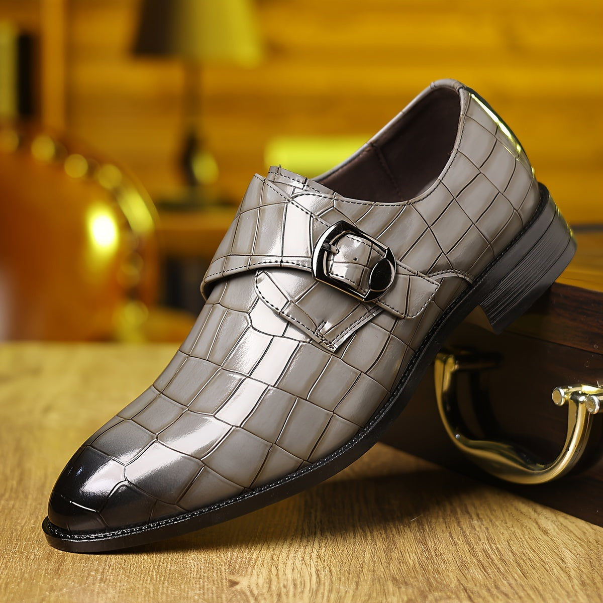 Men's Gray Crocodile Pattern Faux Loafers with Pointed Toe and Buckle, All-Season Casual Shoes