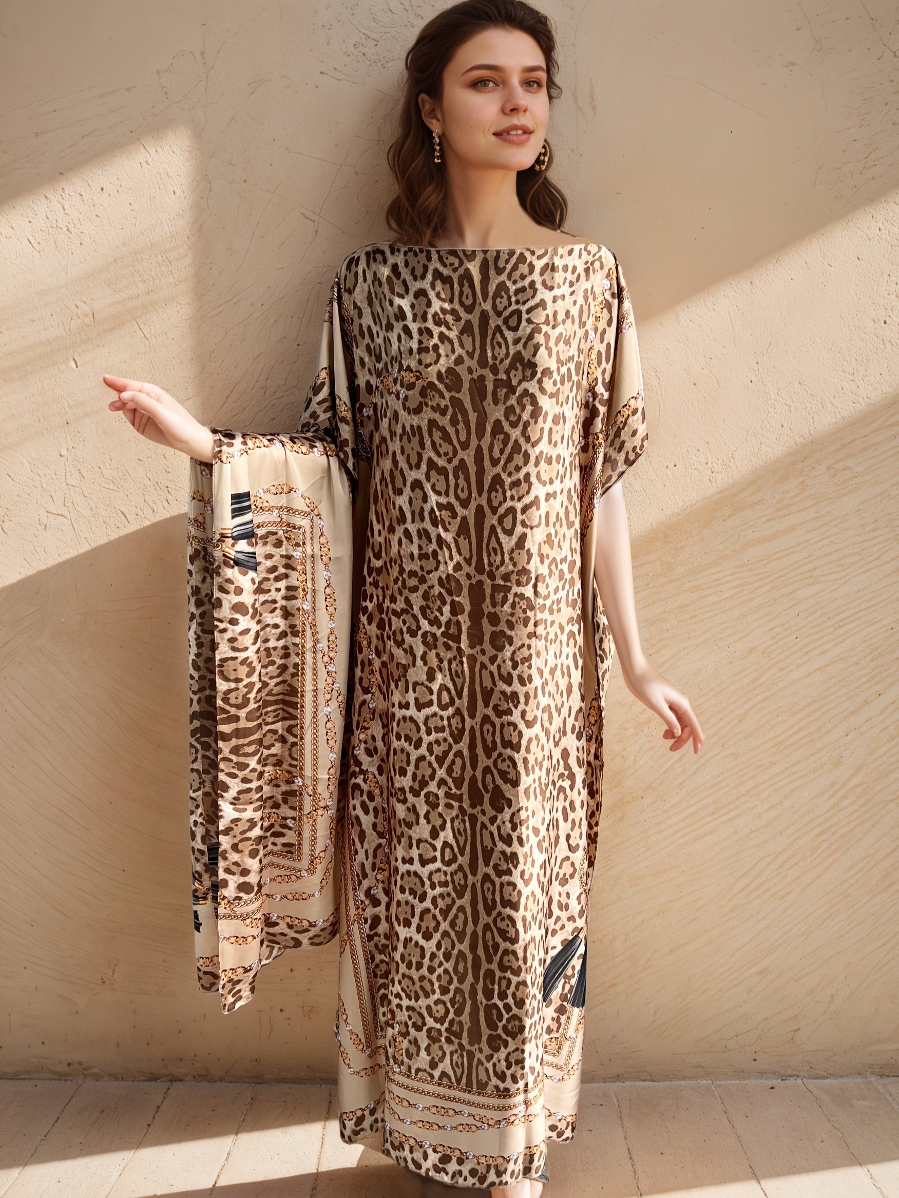Plus Size Women Leopard Print Maxi Dress with Scarf Batwing Sleeves