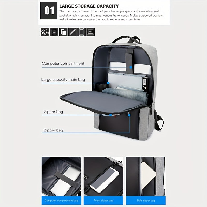 Men's Blue Nylon Backpack with Laptop Compartment USB Charging Port and Adjustable Straps