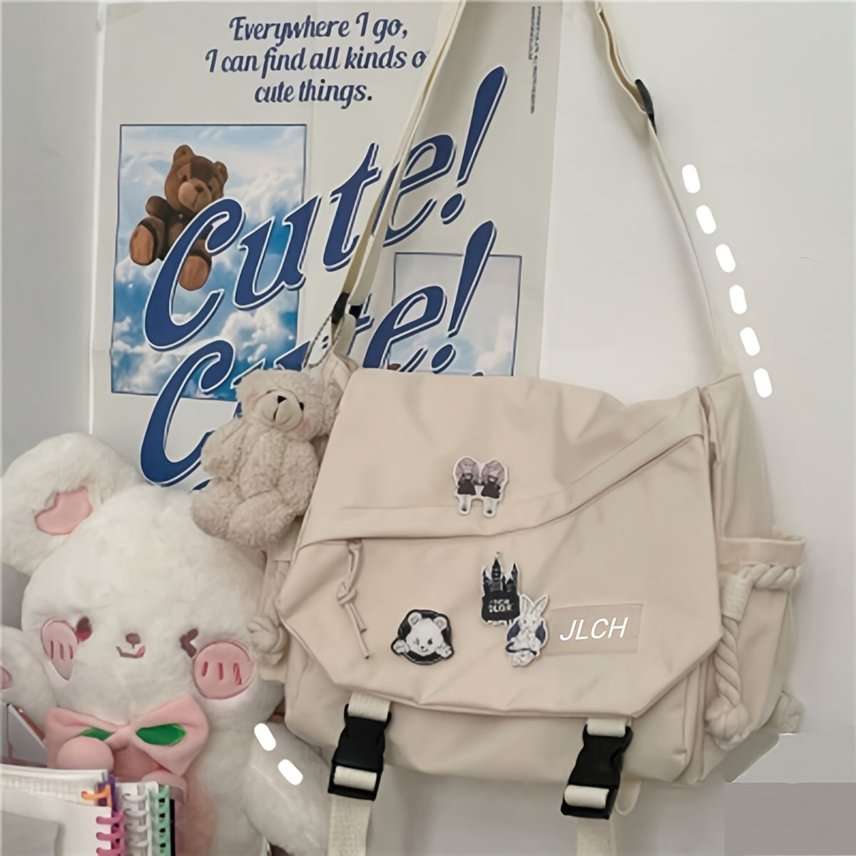 Unisex Canvas Shoulder Bag with Adjustable Strap for School Travel and Daily Use in White Pink Blue Black