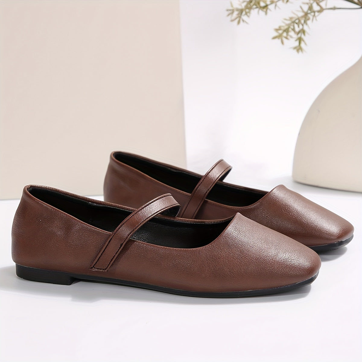 Women's Brown Faux Cover Slip-On Flats with Ankle Strap and Non-Slip Sole
