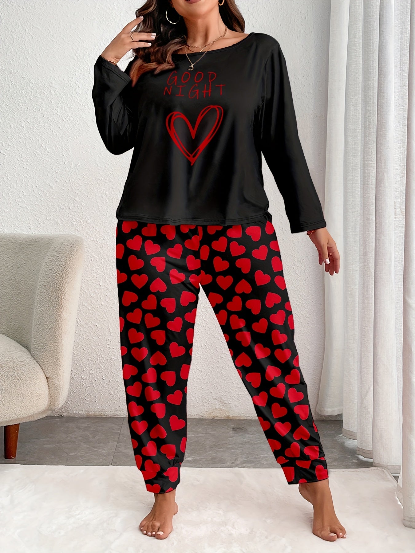 Plus Size Women's Cozy Heart Print Pajama Set Long Sleeve Pants Polyester Black White