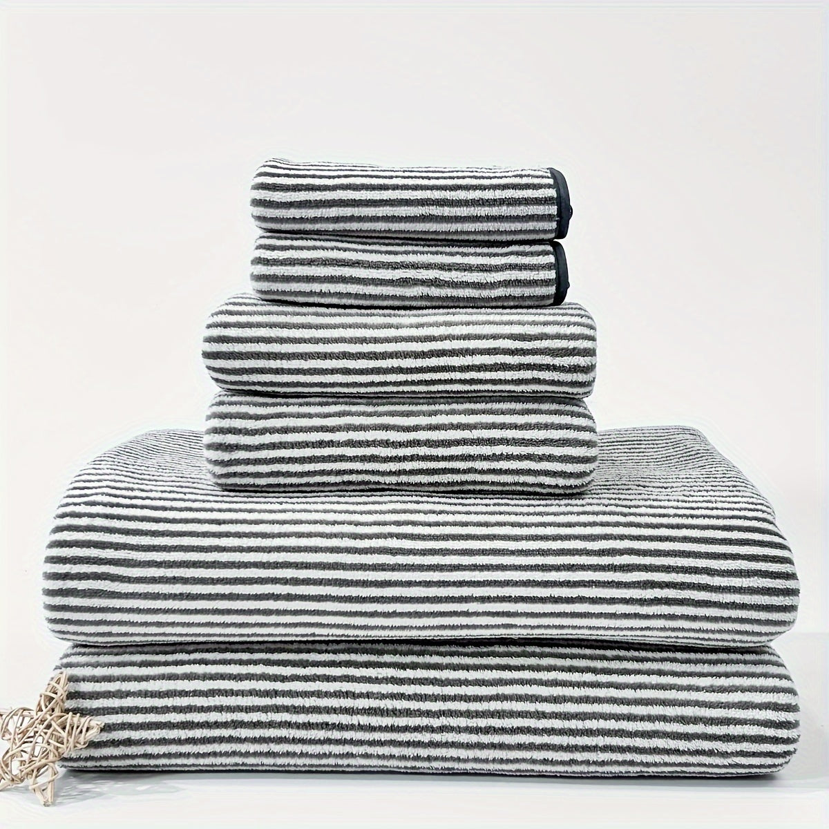 Dark Gray Stripe 6-Piece Towel Set Ultra-Soft Coral Fleece Quick-Drying Bath Hand Washcloths