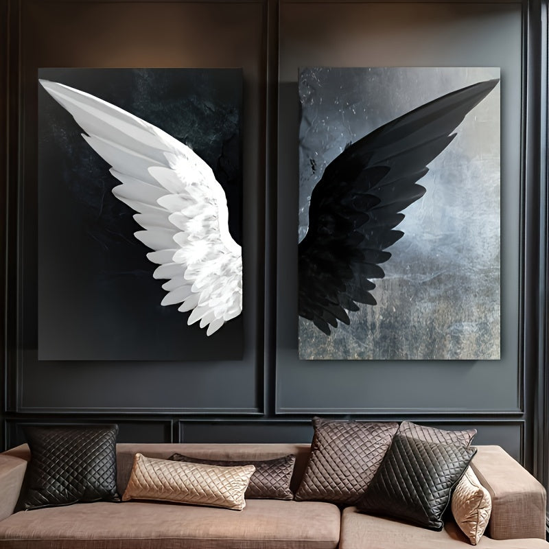 Set of Two Black and White Angel Wings Canvas Wall Art Prints for Living Room Bedroom Office