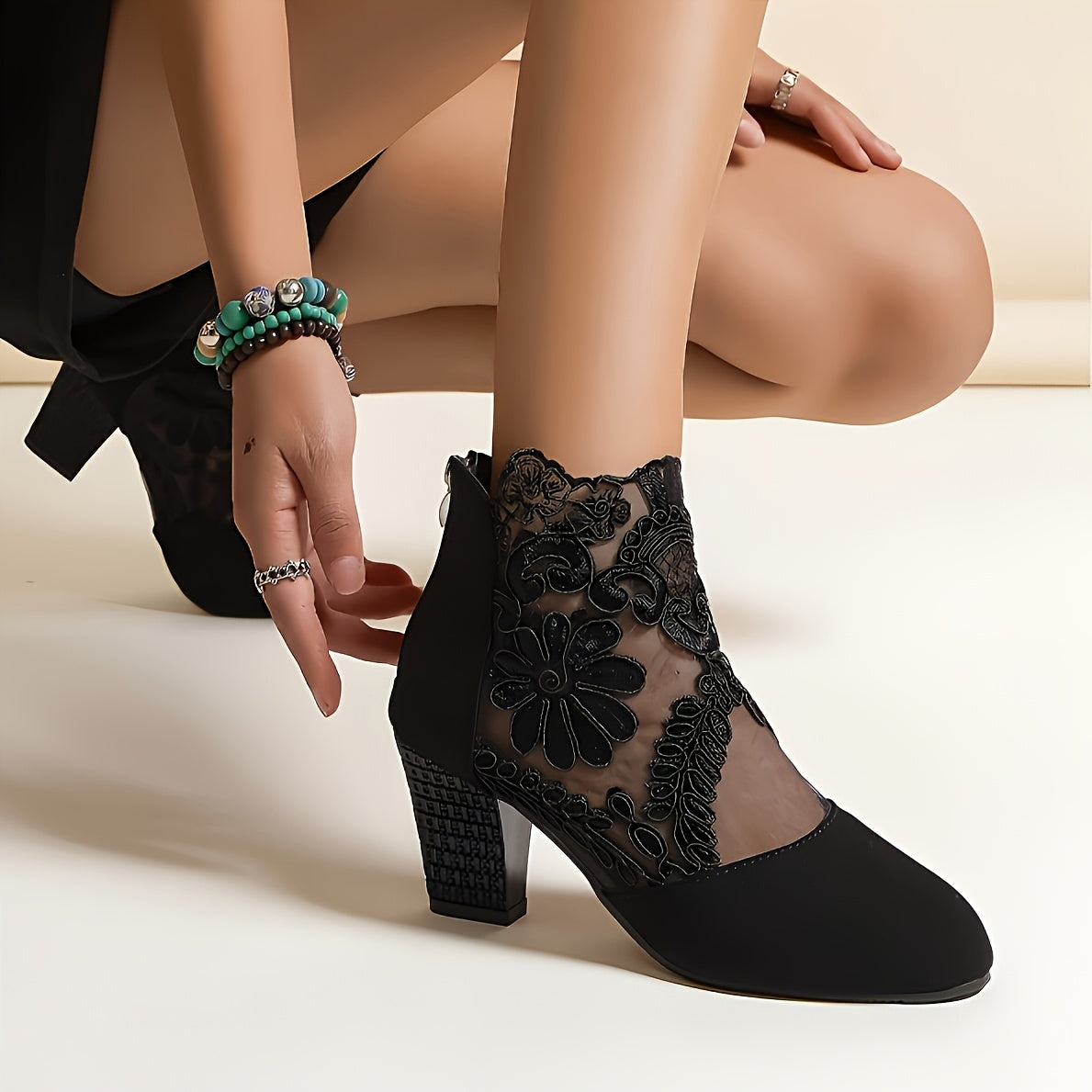 Women Floral Print Lace Ankle Boots Breathable Mesh Block Heel Versatile