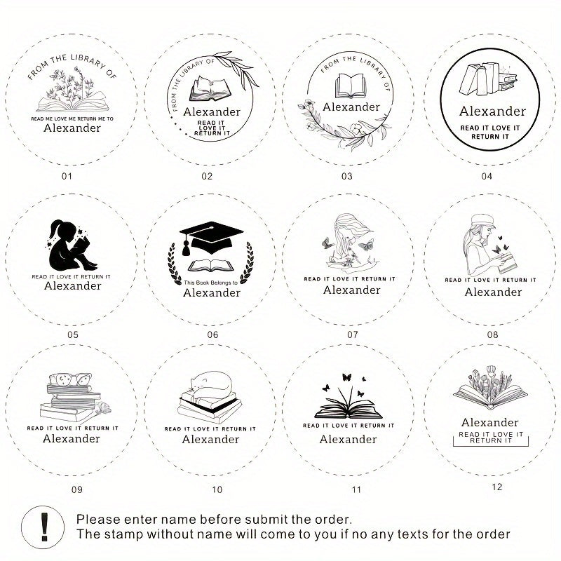 Shaxsiylashtirilgan kutubxona kitobi muhrini o'z-o'zidan bosadigan siyoh bilan, bir nechta tillarda mavjud, kundalik ofis ishlari uchun mos.