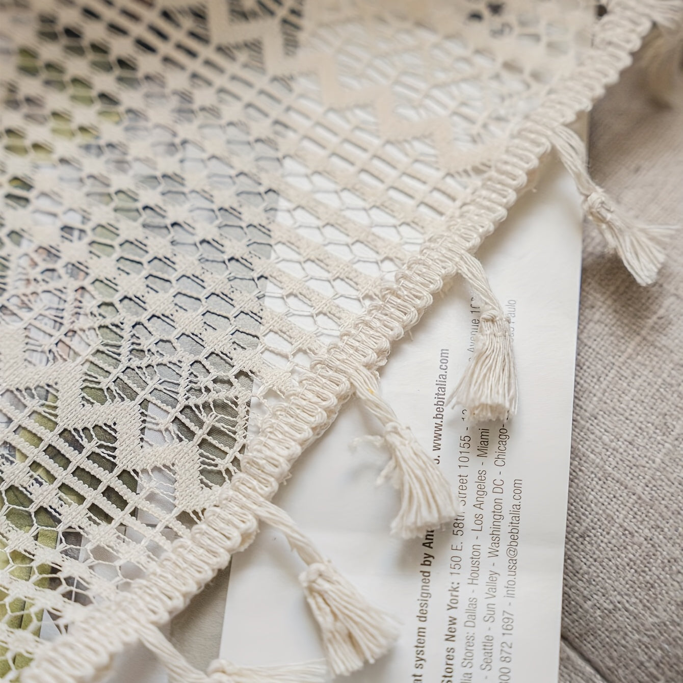 Beige Crochet Fringe Curtain UV Protection Rod Pocket for Living Room Bedroom