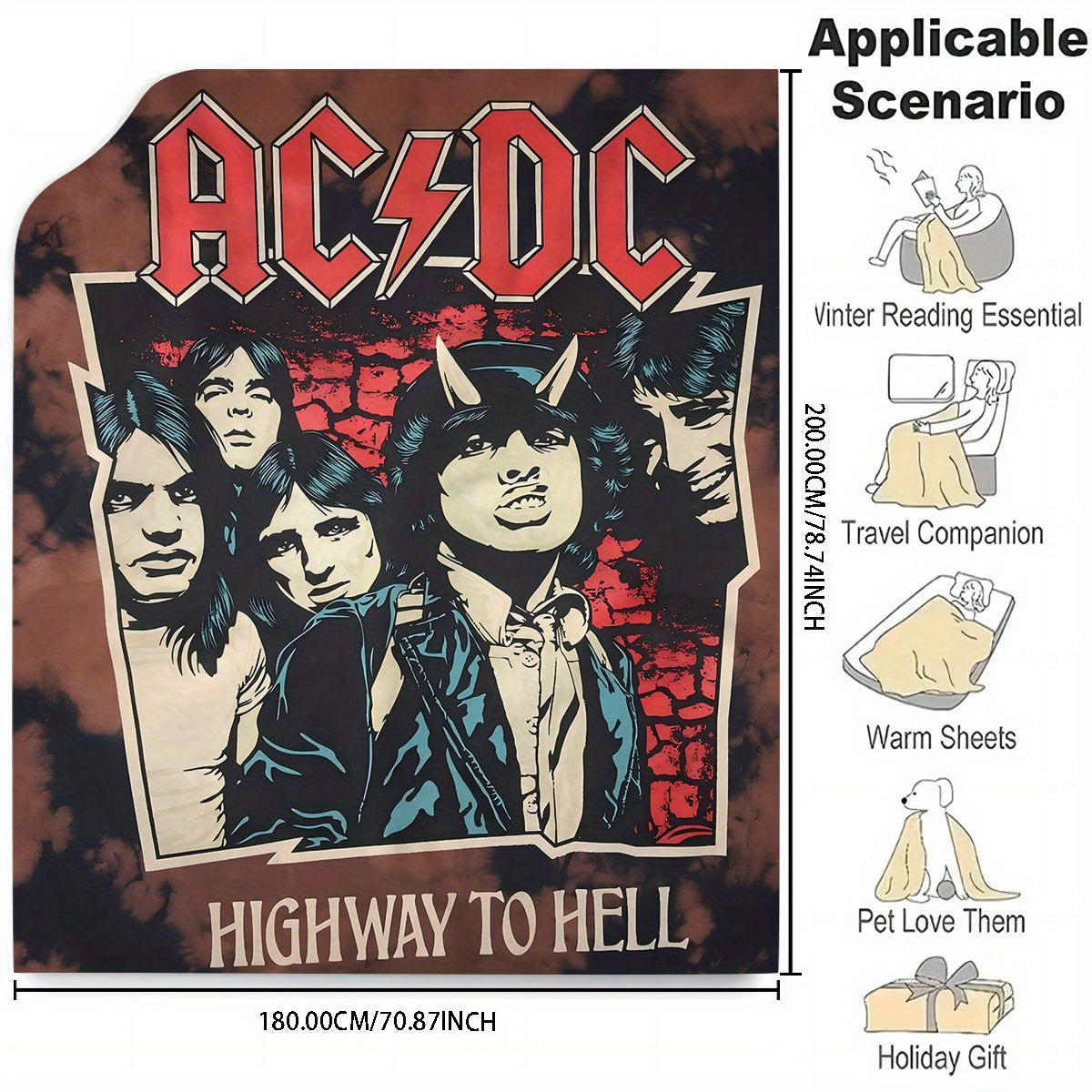 Bu AC/DC "Highway to Hell" flanel tashqi ko'rinishi bilan iliq bo'ling va rok qiling! Rang-barang va allergiyaga qarshi raqamli bosma bilan qulay, bu ko'rpa yotoq xonasi, yashash xonasi yoki divan uchun mukammal. Musiqa ixlosmandlari uchun ideal sovg'a.