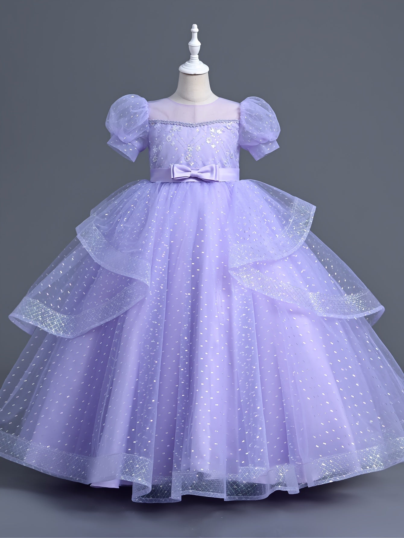 Girls Polyester Ball Gown Dress with Contrast Mesh Short Sleeves and Belt for All Seasons