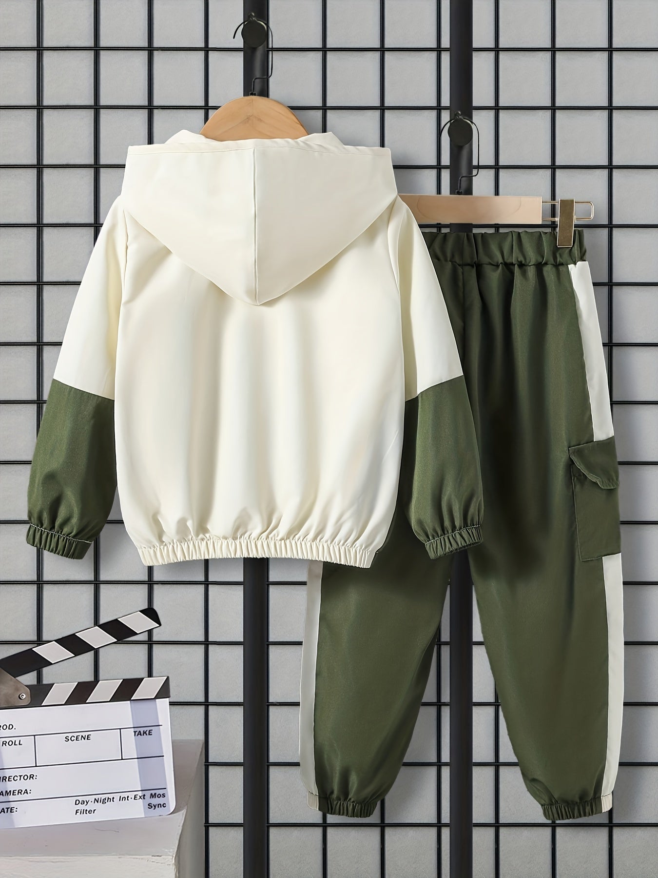 Kids Boys Spring Autumn Clothing Set Hooded Sweatshirt and Loose Work Pants Color Block