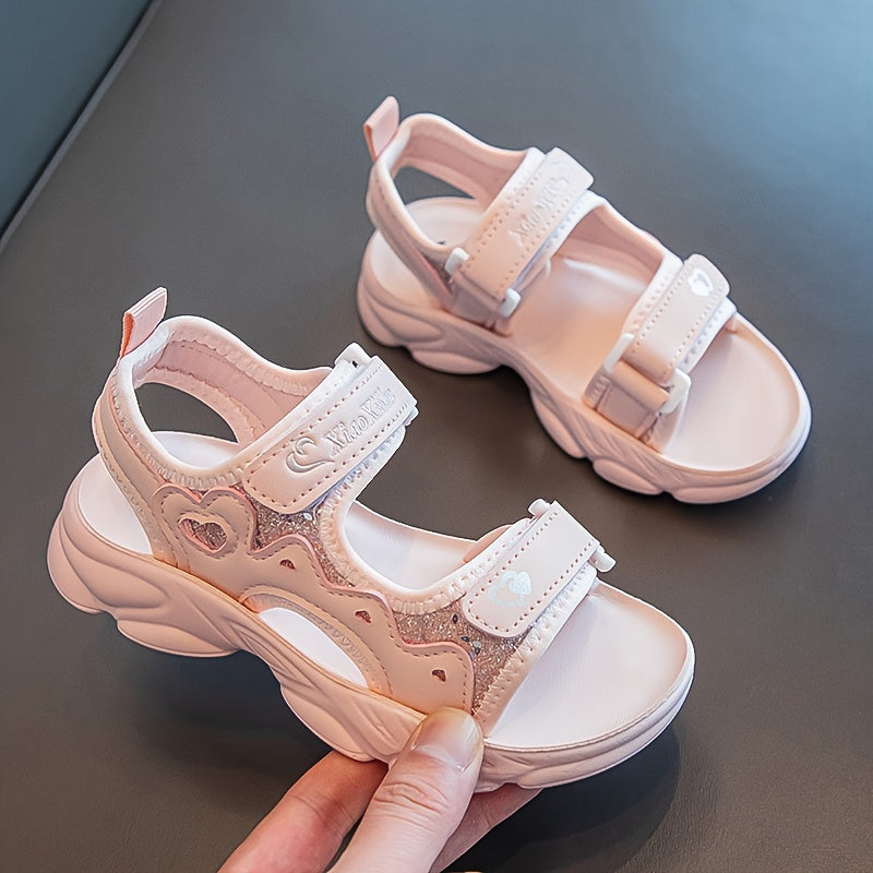 Girls Pink Glitter Sandals with Hearts and Sequin, Adjustable Straps, Soft Sole