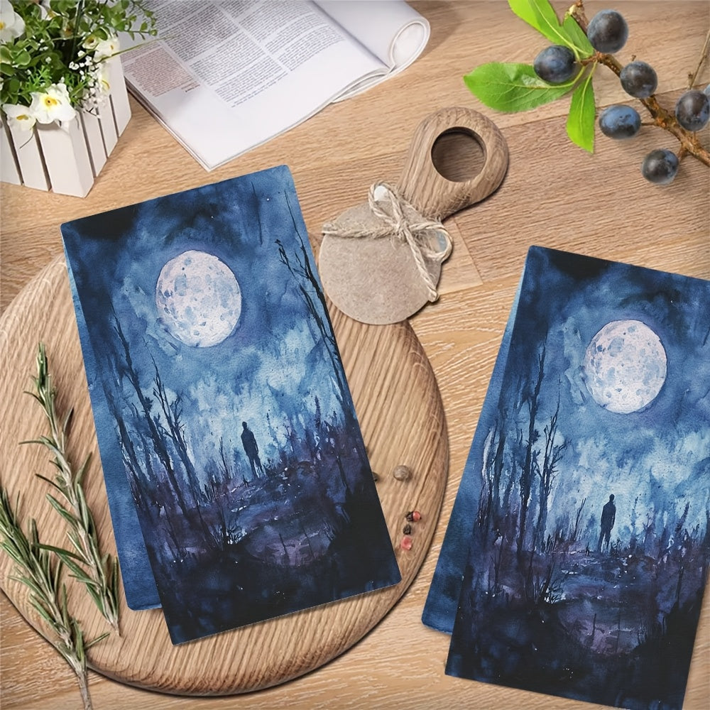 Set of 2 Ultra Soft Kitchen Towels, Supernatural Night Theme, 40x60 cm