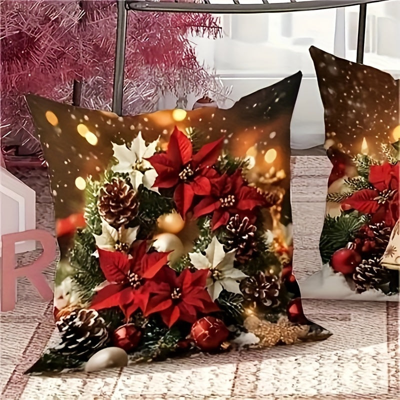 Linen Christmas Throw Pillow Cover Vintage Floral Bell Design Red Yellow Velvet