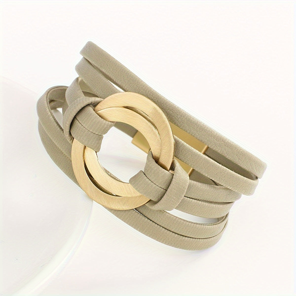 Women’s Artificial Leather Bracelet with Double Circle Charm and Magnet Clasp Wide Bangle Jewelry