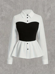 Women's Color Block Knit Blouse with Embroidered Hem Polyester Semi-Sheer for Spring Summer Fall