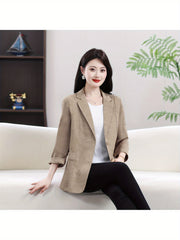 Plus Size Women's Blazer Three-Quarter Sleeve Elegant Slim Fit Caramel Khaki Coffee