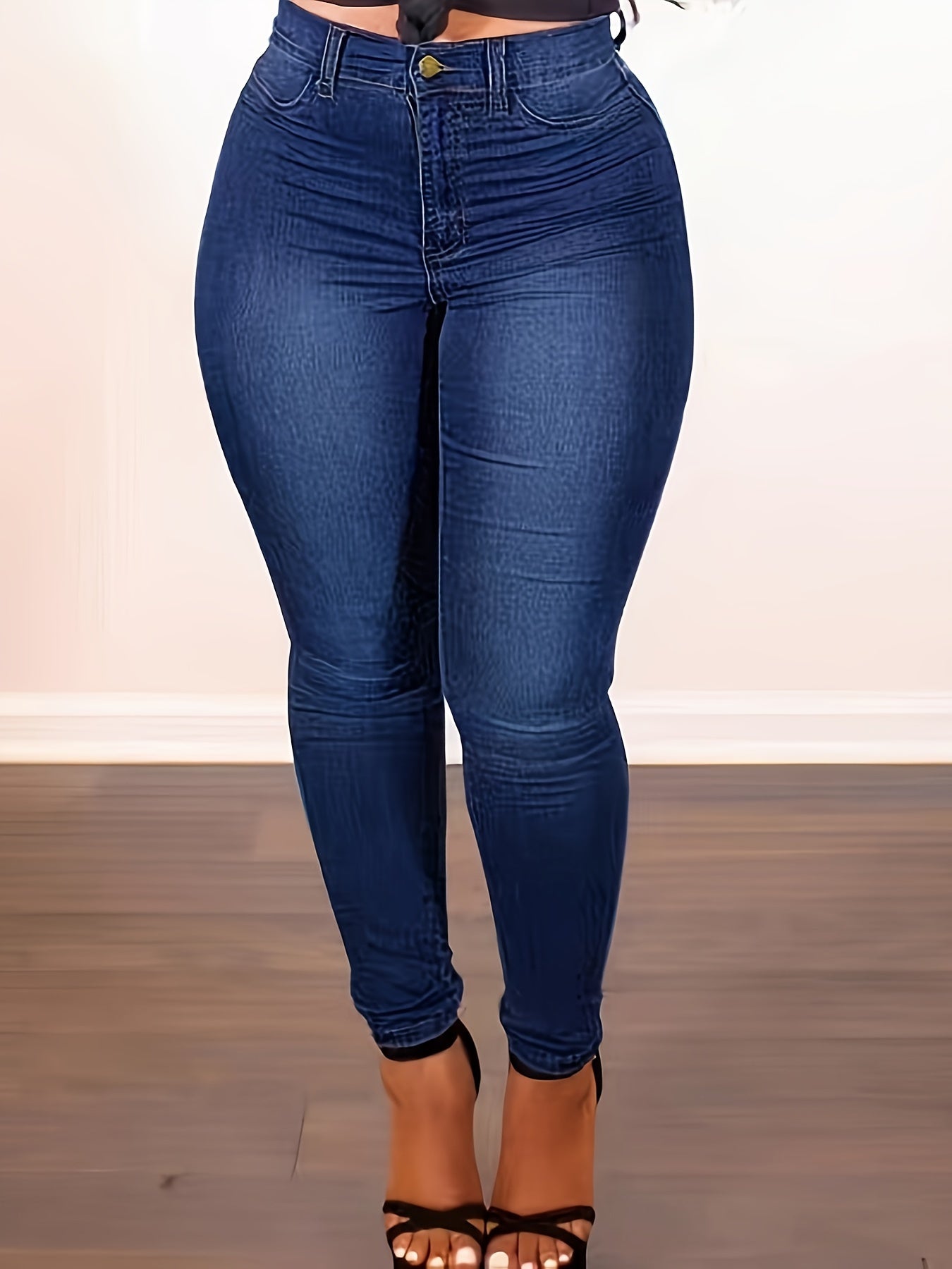 Plus Size Women's Stretch Denim Jeans Solid Color Button Fly Casual All-Season